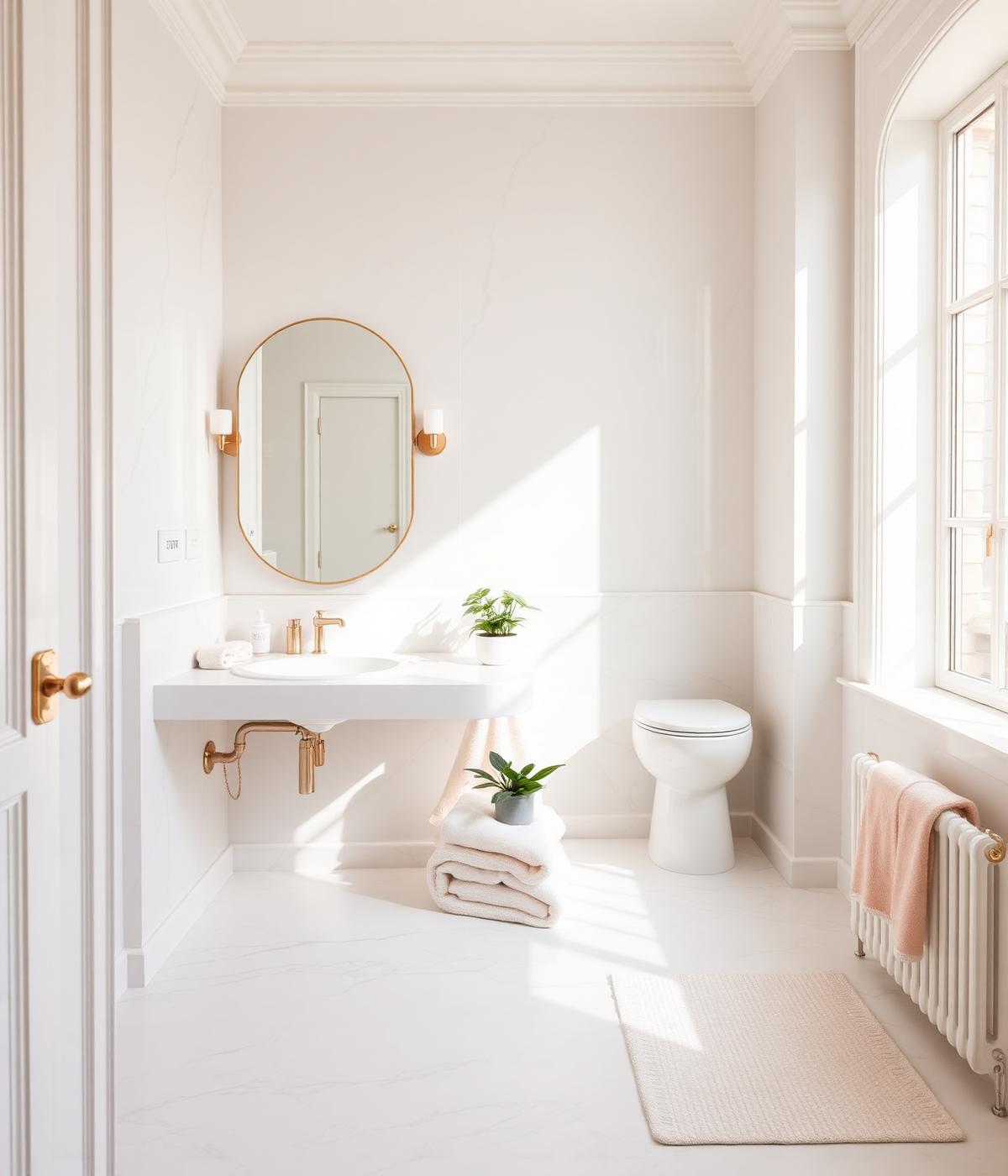 Bright, tidy living room with blush and ivory tones